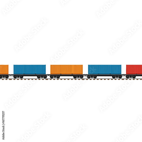 Industrial railway transportation concept with a long freight train carrying colorful cargo containers. Vector illustration of global shipping and logistics isolated on white