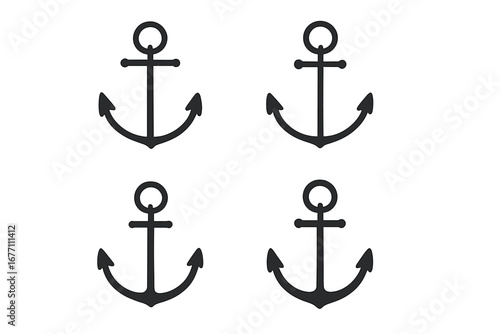Set of anchor icons. Nautical symbol for stability, safety, and hope. Marine vector illustration. Maritime silhouette for boat, ship, navy, sailor, and sea travel concepts.