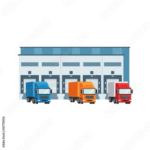 Vector illustration of a modern logistics warehouse with a fleet of colorful trucks at loading docks, representing freight transport and supply chain management