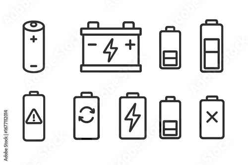 Battery icon set line art collection. Editable stroke vector illustration. Car accumulator, AA, phone battery symbols. Charge level, power status, energy, recharge, empty, full.