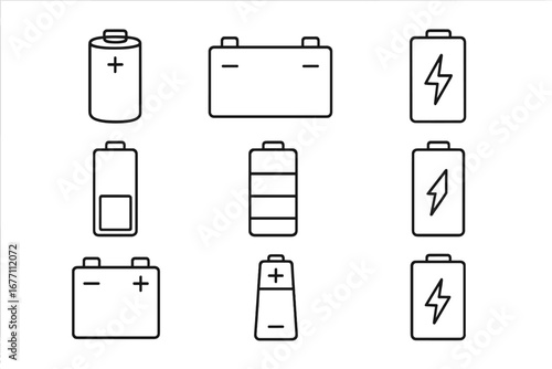 Battery icon set. Thin line vector symbols for power and energy. Car accumulator, charge level indicator, alkaline battery signs. Editable stroke outline graphic elements.