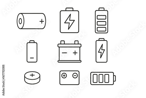 Battery line icon set. Power and energy symbols. Charge level indicator, electric car accumulator, alkaline and lithium cell. Vector outline illustration, editable stroke.