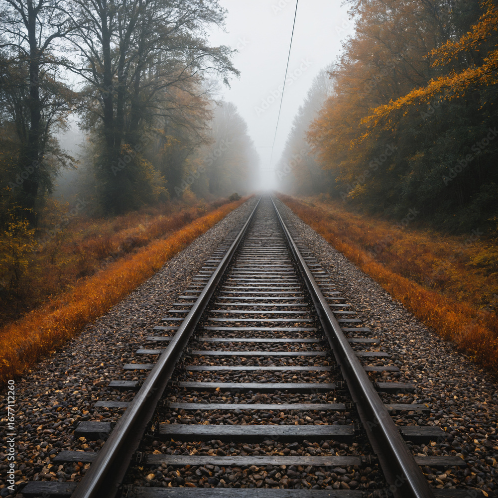 Fototapeta premium Photo Railway tracks disappear in an autumnal, misty landscape