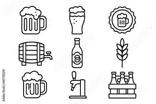Beer line icon set. Brewery, pub and bar symbols. Craft beer glass, mug, bottle and barrel with tap. Alcohol drink signs. Wheat, lager and ale vector graphic collection.