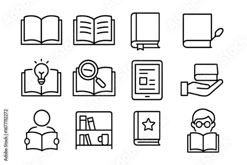 Book and reading line icon set. Education, learning, and literature symbols. Library, bookshelf, student, e-book reader pictogram. Knowledge, research, study vector icons.
