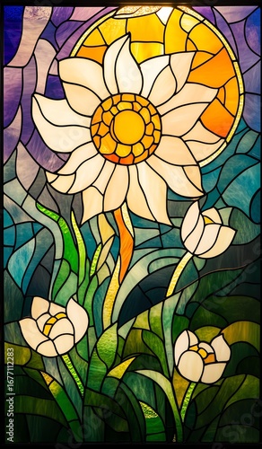 Oracle cards tarot cards stained glass concept Stained glass artwork featuring a vibrant sunflower and tulips in a colorful garden setting.