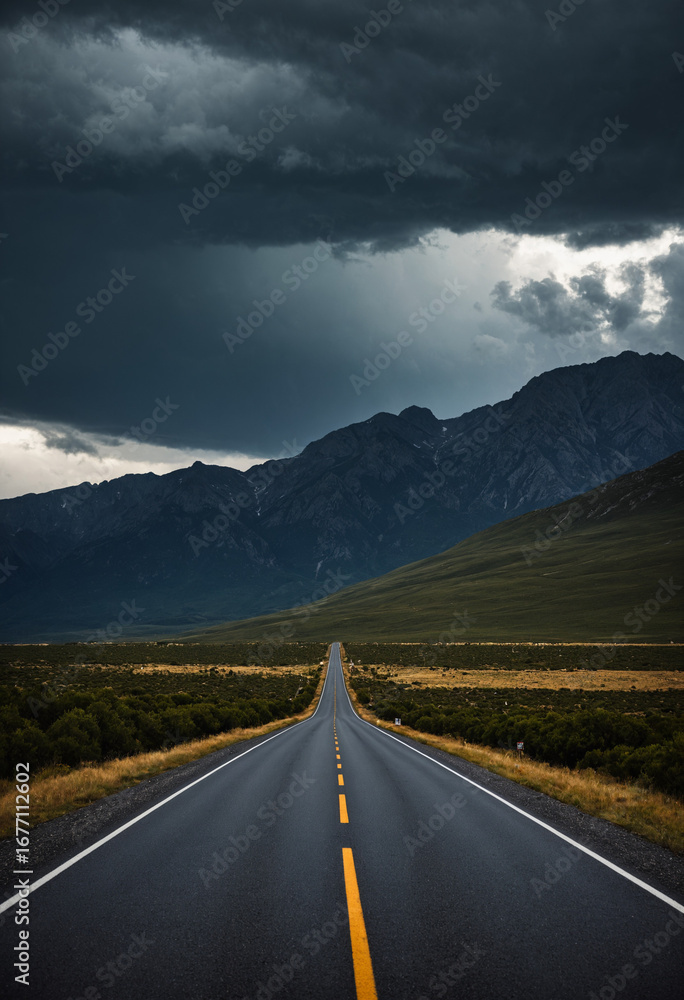 Naklejka premium Photo Road leading to mountains under stormy skies