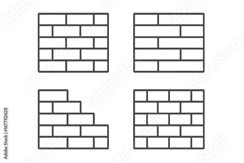 Brick wall line icon set. Construction and building concepts. Vector illustration of masonry, brickwork patterns, stonework texture. Barrier, obstacle, broken wall symbol collection.