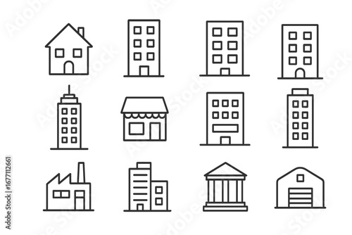 Building line icon set. Real estate and construction symbols. House, office, factory, store, bank, warehouse, skyscraper. Vector architecture outline icons for web and mobile.