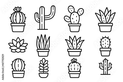 Cactus and succulent line icon set. Vector collection of potted desert houseplants. Minimalist outline graphic symbol for web, UI, app design. Editable stroke nature illustration.