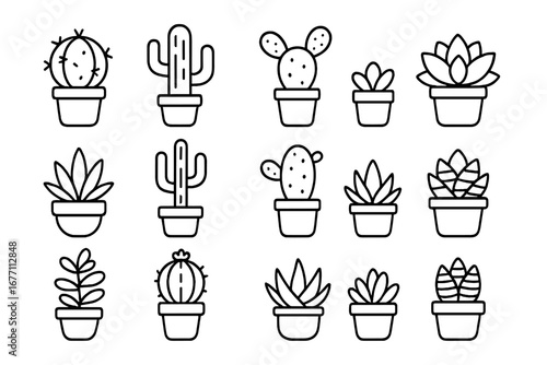 Cactus succulent icon set line art. Vector houseplant, botanical pot plant symbol. Minimal desert flora. Outline pictogram for web, UI, app design. Editable stroke.