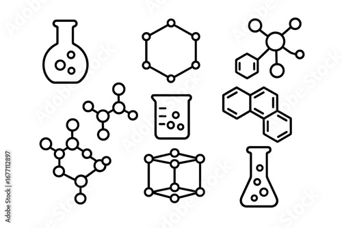Chemistry line icon set. Collection of chemical compound and molecule structures. Science and laboratory research symbols. Atoms, formulas, beakers for education infographic.