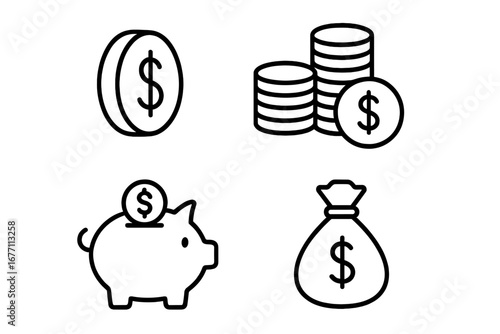 Money savings & finance vector line icon set. Dollar coin, piggy bank, moneybag symbols for investment, banking, payment, currency, budget, wealth, profit. Editable stroke.