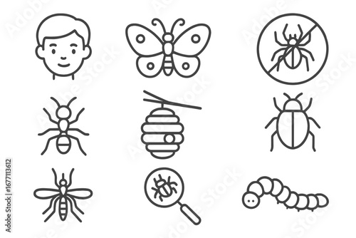 Insect and bug outline icon set with editable stroke. Vector collection of butterfly, ant, bee, pest control, mosquito, caterpillar, spider, and entomology symbols for design.