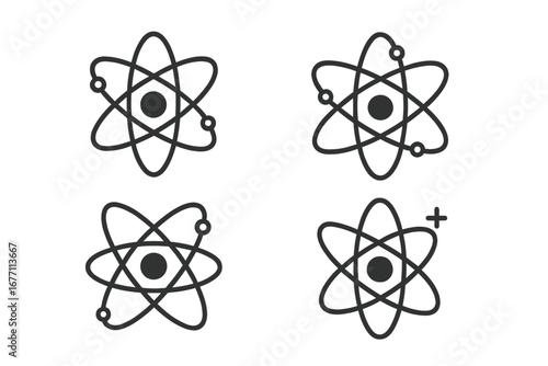Atom icon set. Science symbol collection. Physics, chemistry concept. Nuclear energy, atomic power. Electron orbit, nucleus particle. Molecule pictogram. Editable stroke vector.
