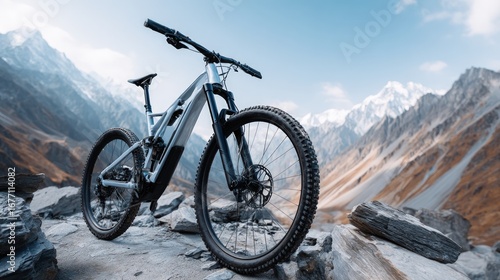 Wallpaper Mural A modern electric mountain bike rests on a rocky outcrop, overlooking a vista of snow-capped peaks. Torontodigital.ca