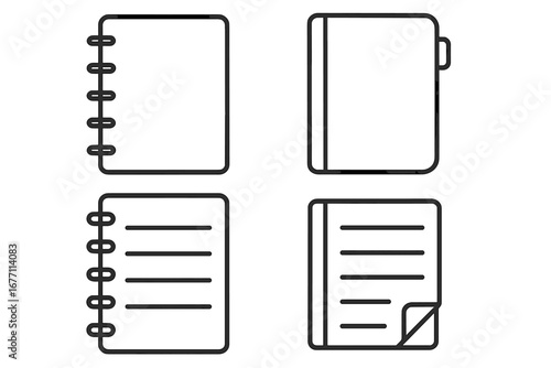 Notebook and Book Icon Set for UI, Apps, and Websites. Editable Stroke Vector Illustrations of Notebooks, Diaries, Journals, and Paperbooks with Lines and Binding. Cartoon Style