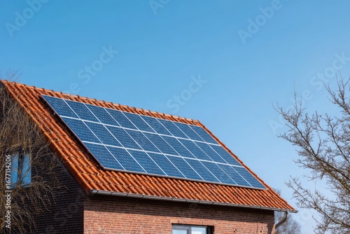 Solar panels on a terracotta-tiled roof of a brick house against a clear blue sky