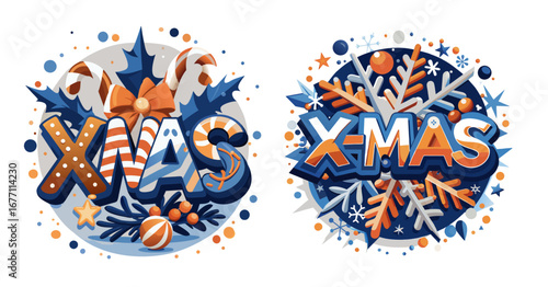 Set of Christmas stickers with festive holiday symbols and text, blue and orange palette, vector illustration isolated on transparent background