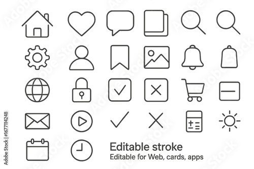 Set of Thin Line Icons with Editable Stroke for Web, Mobile Apps, Digital Cards, and UI Design, Vector Cartoon Illustration with Transparent Background, Organized Collection of Essential Symbols