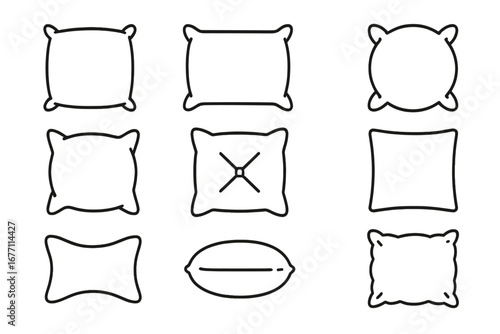 Pillow and Cushion Outline Icon Collection, Editable Stroke Vector Illustrations for Infographics, Articles, Books, Flyers, Banners, Cartoon Style Cushion and Pillow Shapes Set