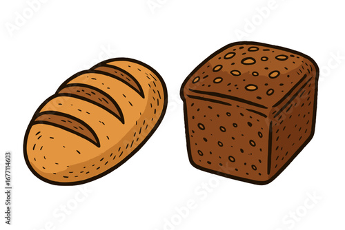 Two bread loaves vector illustration, isolated on white. Freshly baked white and rye bread set. Hand-drawn cartoon style for bakery menu, organic food concept or grocery.