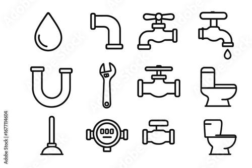 Plumbing outline icon collection with editable stroke, perfect for infographics, articles, books, flyers, banners, and vector cartoon illustrations with transparent background