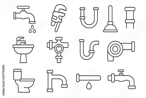 Plumbing tools and fixtures vector collection with editable stroke for infographics, articles, books, flyers, banners, cartoons, transparent background icons set