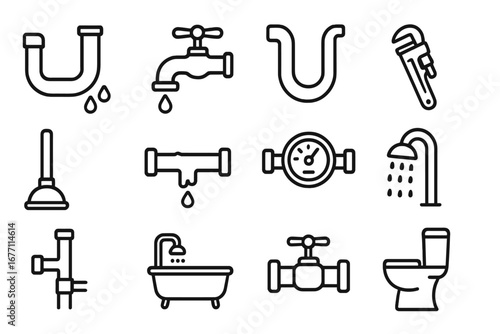 Plumbing Outline Icon Collection with Editable Stroke for Infographics, Articles, Books, Flyers, and Banners – Vector Cartoon Illustration of Water Pipes, Faucet, Toilet, Shower, and Repair Tools