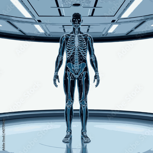 Human skeleton in futuristic medical examination room