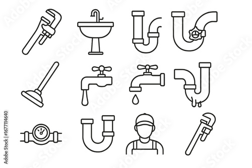 Plumbing tools and fixtures collection with editable stroke, vector cartoon illustrations for infographics, articles, books, flyers, banners, leaks, pipes, faucets, plumber