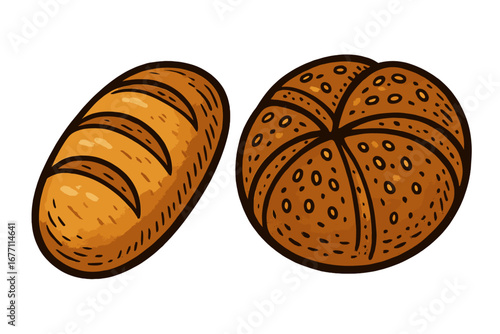Two fresh bread loaves vector illustration. Artistic drawing of a crusty baguette and a round artisan rye bread roll. Bakery food icon set isolated on a transparent background.