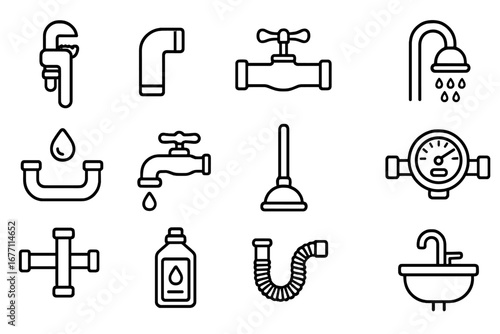 Plumbing Tools and Fixtures Collection, Editable Stroke Vector Icons, Ideal for Infographics, Articles, Books, Flyers, Banners, Cartoon Style Transparent Background