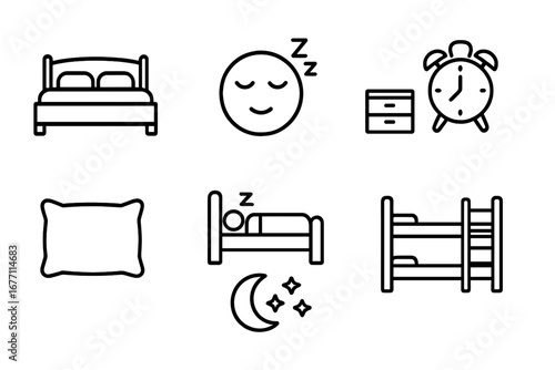 Bed and sleep thin line icon collection. Vector symbols of bedroom furniture, rest, night. Includes double bed, bunk bed, pillow, alarm clock. Editable stroke outline graphic.