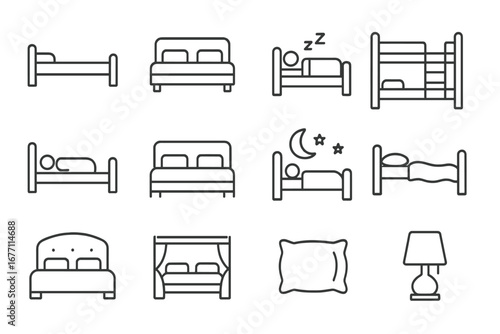 Bed and sleep line icon set. Vector bedroom furniture, sleeping person, pillow, lamp symbols. Editable stroke pictogram for UI, UX, web, app, hotel, rest, dream concepts.