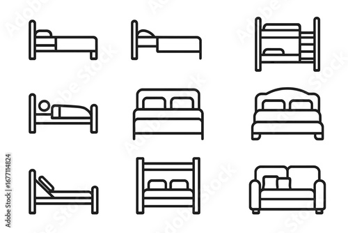 Bed icon set. Line furniture symbols. Sleep, rest, bedroom concepts. Single bed, double bed, bunk bed, sofa bed. Hotel, hostel pictogram collection. Editable stroke vector.