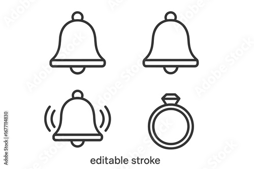 Ring and Bell Outline Icon Collection with Editable Stroke, Vector Cartoon Style for Infographics, Articles, Books, Flyers, Banners, UI Design, Notification Symbols