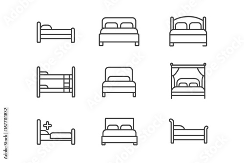 Bed icon set. Vector line art of bedroom furniture. Single, double, king, bunk, canopy, hospital bed. Sleep, rest, hotel, motel symbols. Editable stroke for web and apps.