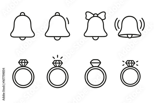 Ring and Bell Outline Collection, Editable Stroke Vector Icons, Cartoon Style, Perfect for Infographics, Articles, Books, Flyers, Banners, Transparent Background, Minimalist Design