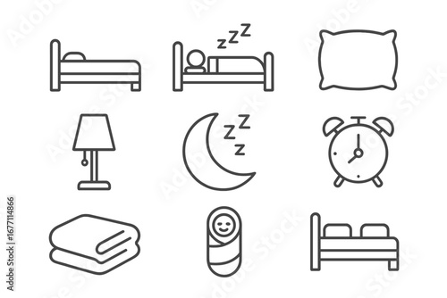 Bed and sleep line icons collection. Simple outline pictograms of bed, pillow, baby, alarm clock, moon. Night rest and bedroom concept. Editable stroke vector for website, app.