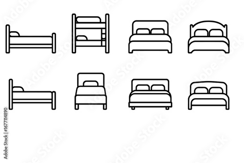 Bed line icon set. Simple outline icons of bedroom furniture. Includes single, double, and bunk beds. Sleep, rest, hotel, hostel pictogram collection. Editable stroke vector.
