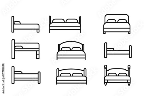 Bed and furniture simple line icon collection. Vector set of outline symbols for sleep, rest, hotel, and bedroom interior design. Editable stroke for web, apps, and print.