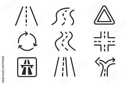 Road Icon Bundle with Thin Editable Stroke, Vector Cartoon Style for Websites, Books, Cards, Apps, Transparent Background, Ordered Set of Traffic and Navigation Symbols
