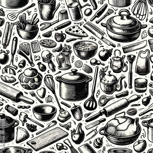 Seamless kitchen doodle pattern, hand-drawn style, black and white sketch illustration set of kitchen utensils 3