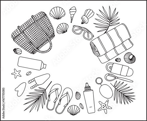 Hello summer with beautiful beach elements for vacation vector outline coloring page for kids and adults 
