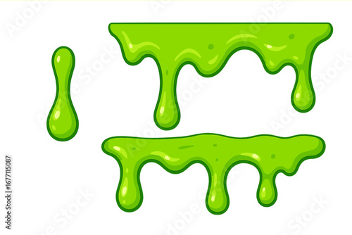 Green slime drip and ooze set. Cartoon vector illustration of toxic goo, slimy liquid drops, and dripping borders. Halloween alien monster snot or radioactive waste design elements.