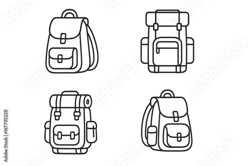 Schoolbag and Hiking Backpack Outline Icon Collection, Editable Stroke, Vector Cartoon Style, Perfect for Infographics, Articles, Books, Flyers, Banners, Outdoor Gear Symbols