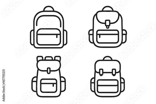 Schoolbag and Backpack Outline Icon Set for Tracking, Hiking and Travel, Editable Stroke Vector Collection for Infographics, Articles, Books, Flyers, Banners, Cartoon Style