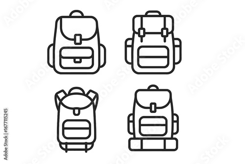 Schoolbag and Hiking Backpack Vector Collection, Outdoor Travel and Tracking Gear, Editable Stroke Icons Perfect for Infographics, Articles, Books, Flyers, Banners, Cartoon Style