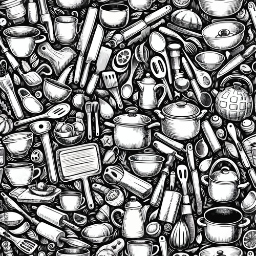 Seamless kitchen doodle pattern, hand-drawn style, black and white sketch illustration set of kitchen utensils 1